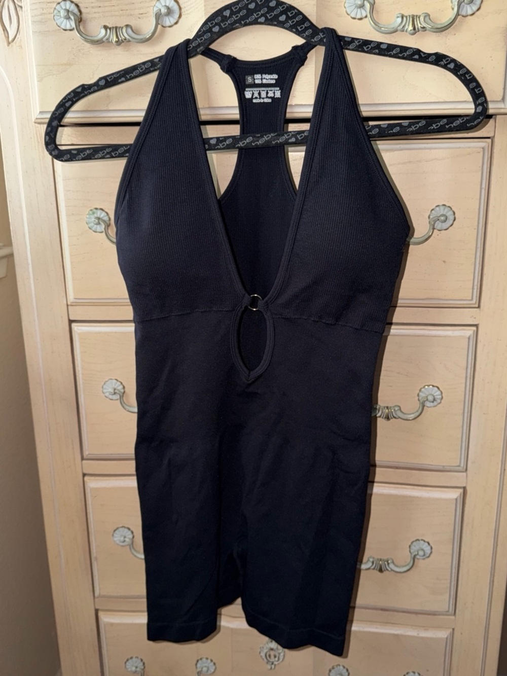 Fashion Nova Black Ribbed Halter Romper with Keyhole Ring